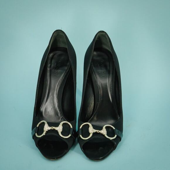 Gucci Size 6 Black Satin Rhinestone Horsebit Open Peep Toe High Heels Pumps - Picture 1 of 10